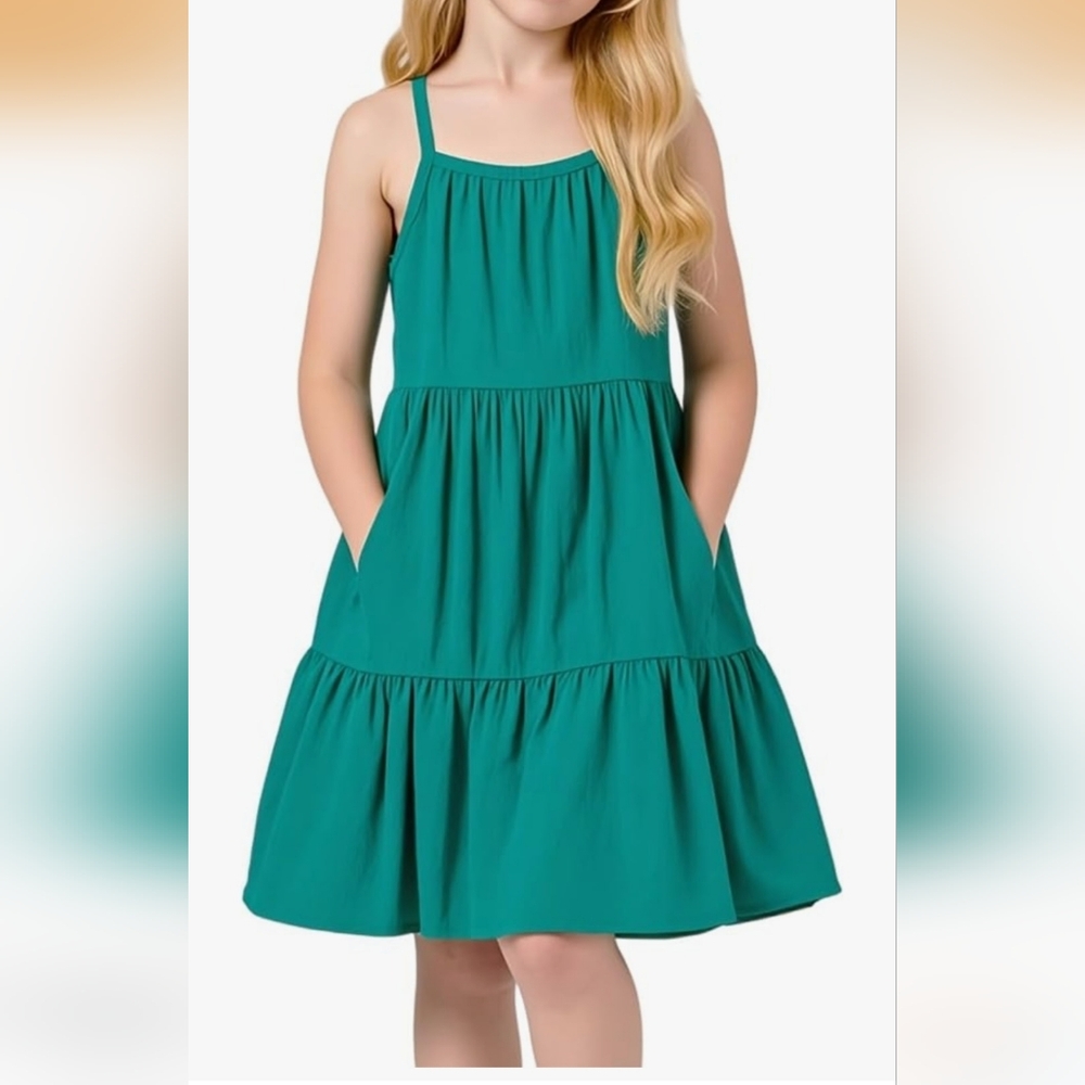 Girls' Teal Tiered Summer Dress with Pockets